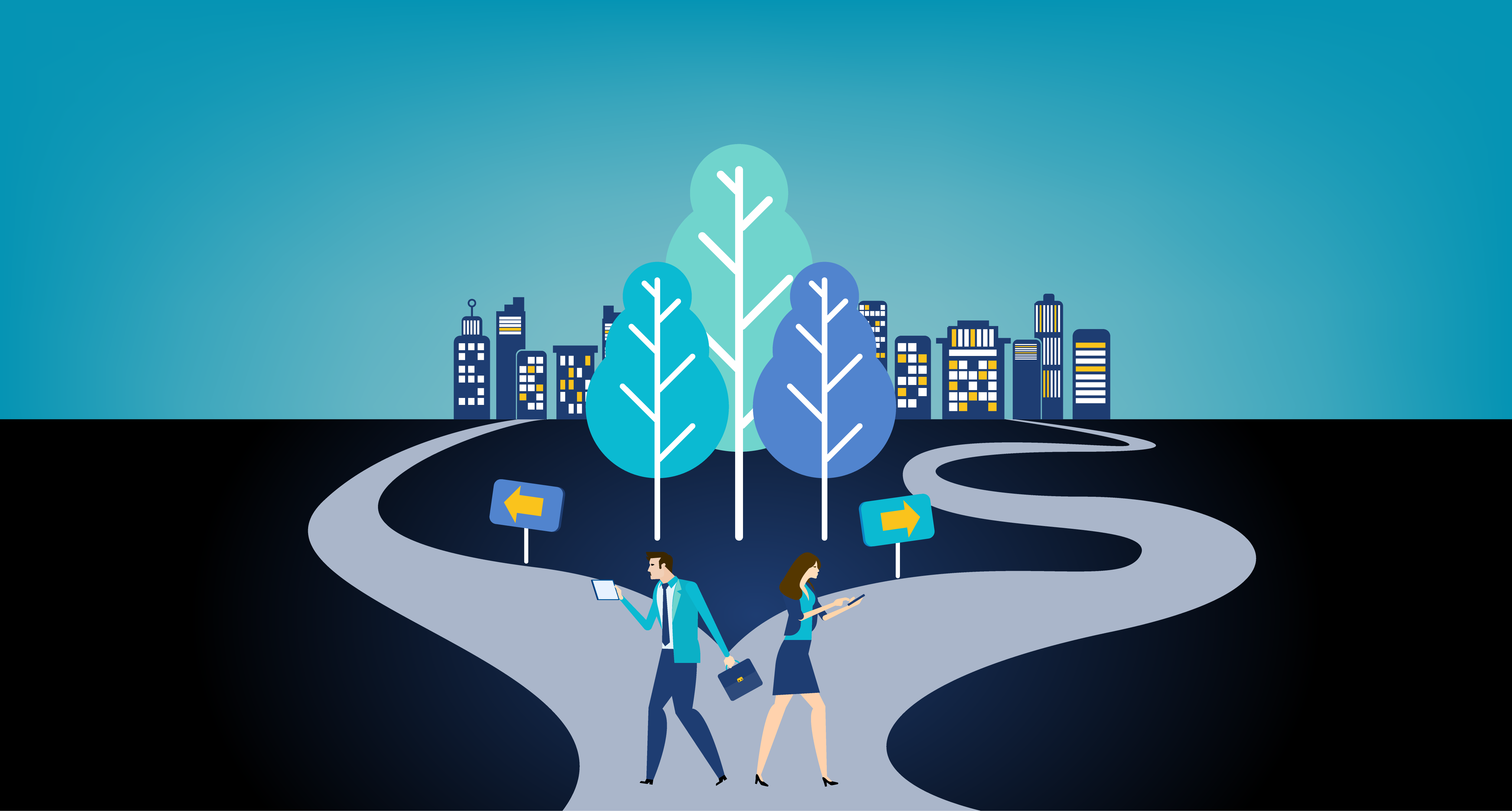 Making a career decision by following forks in the road when your path splits, trees and buildings in the background, from Staffing Proxy audiologist job openings