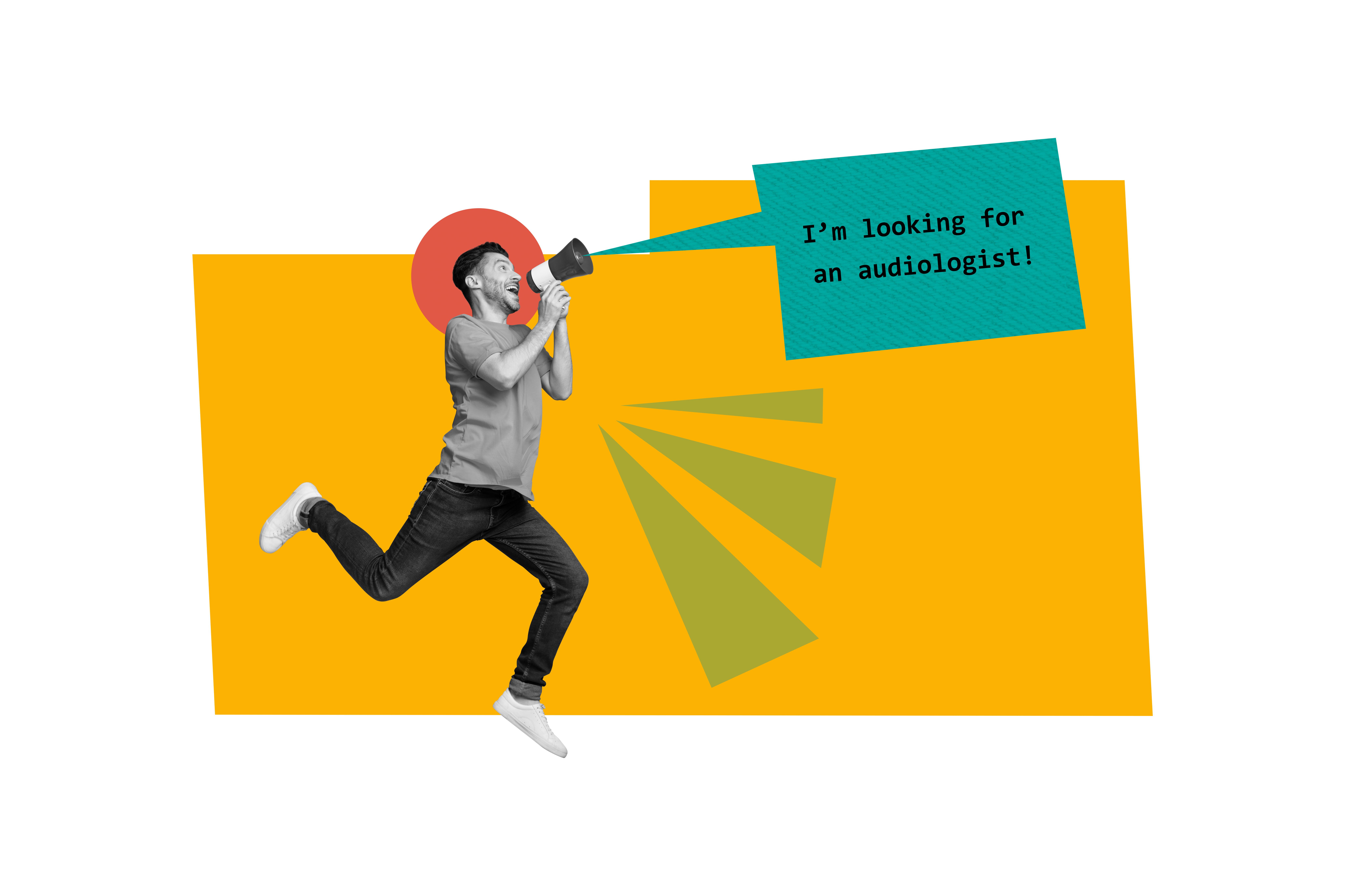 A recruiter from staffing proxy shouting into a megaphone to help practices and clinics find their next hearing health and audiology employee