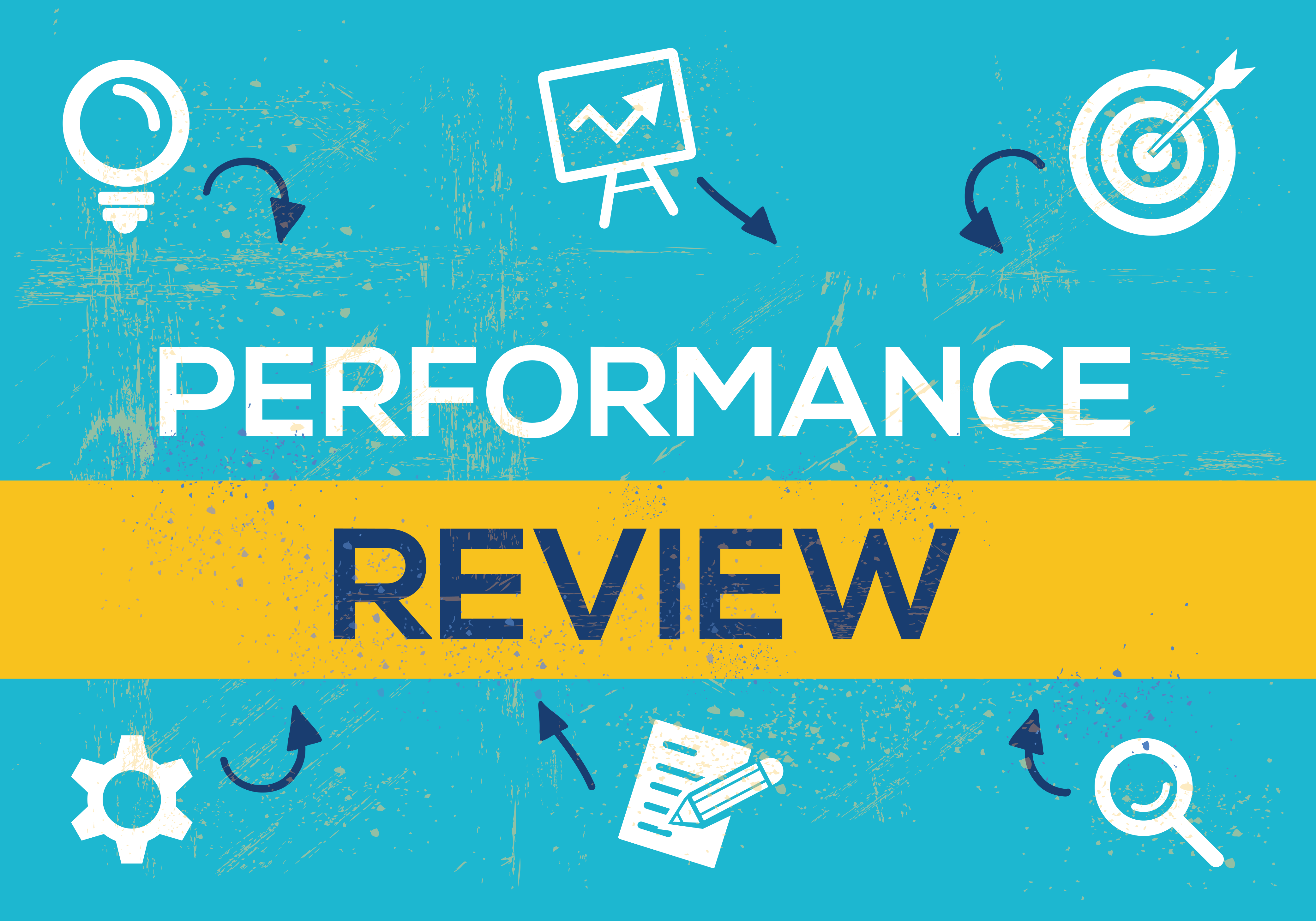 Performance Review in white and yellow on top of a teal background with various icons from Staffing Proxy