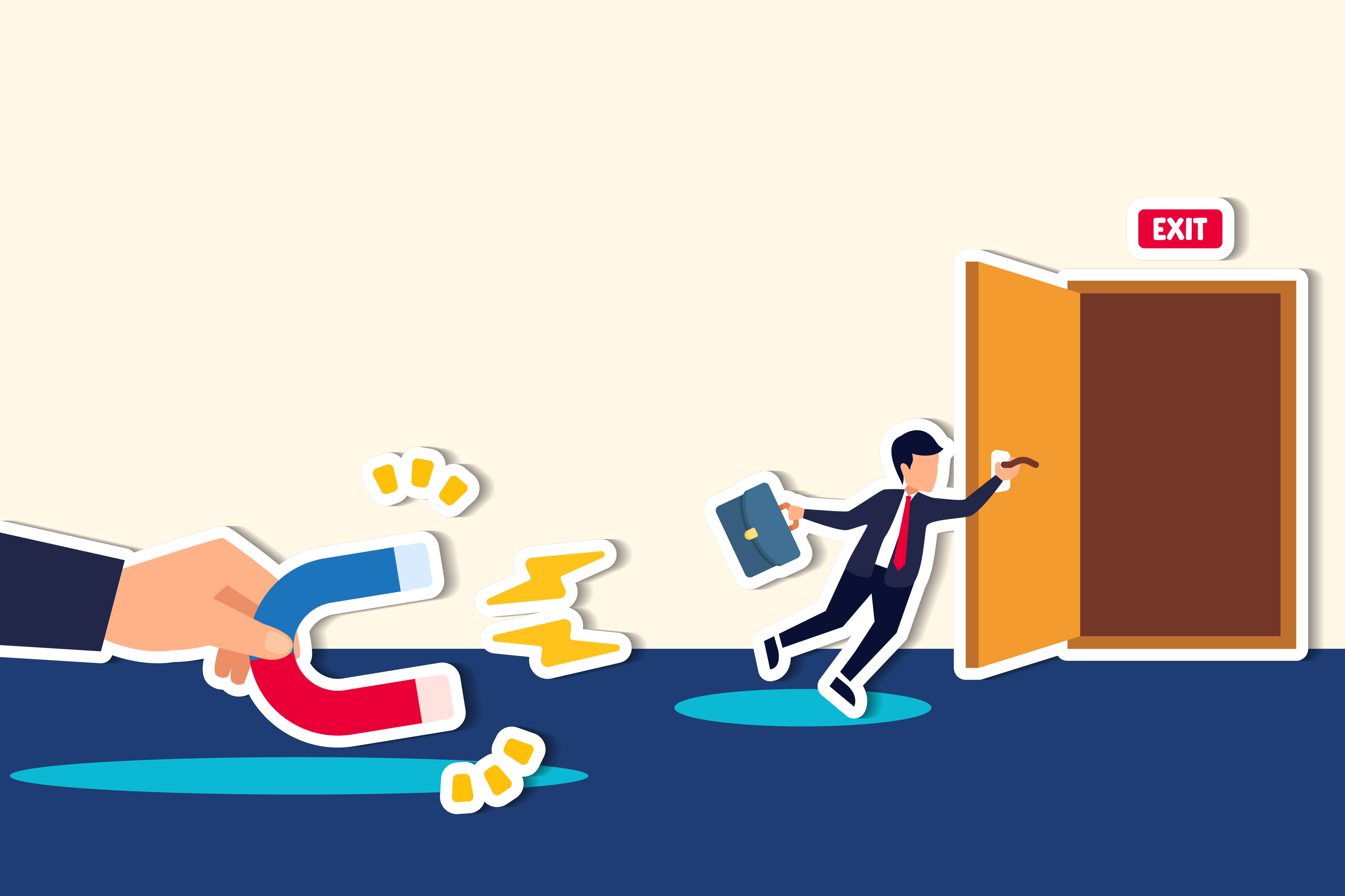 A cartoon graphic of a magnet pulling on an employee trying to exit and leave through the door from Staffing Proxy audiology jobs